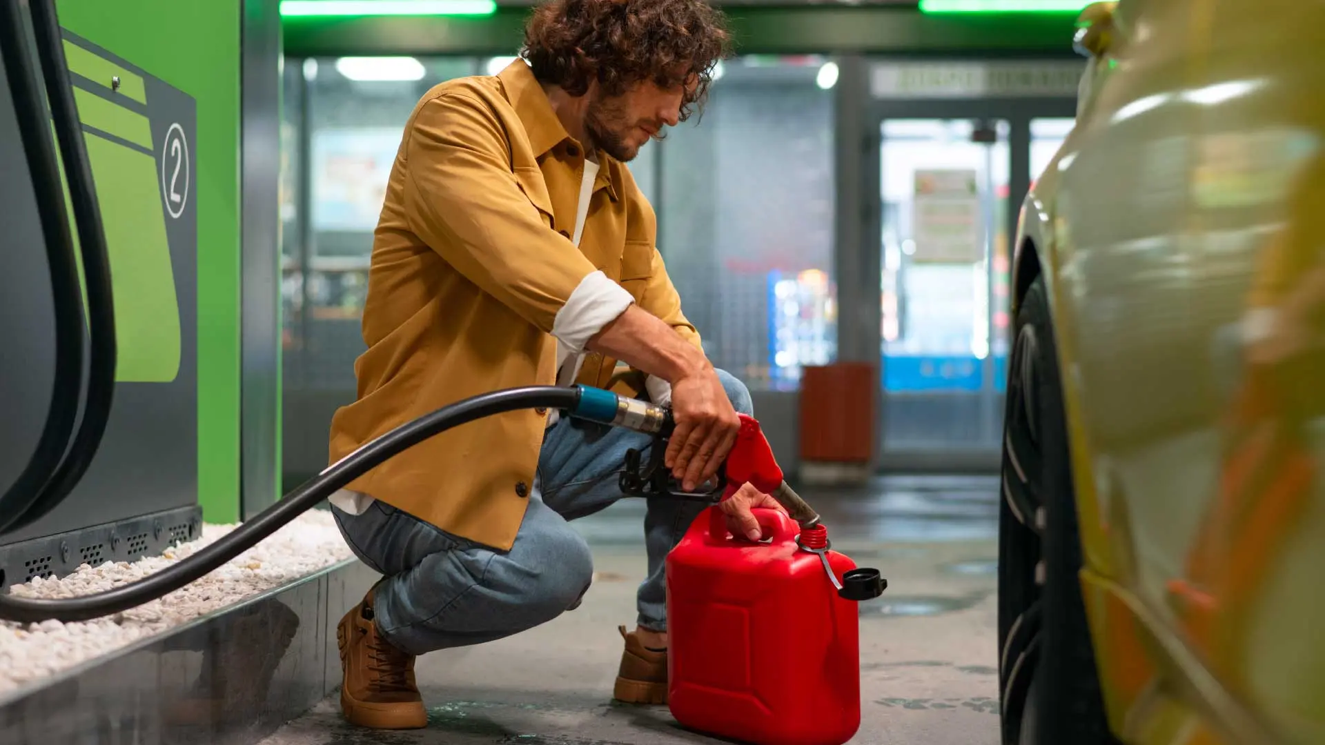 Man refueling a red jerry can at a station